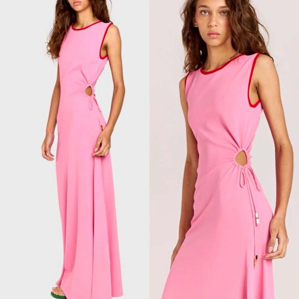 ROMY Pink Solid Round Neck Sleeveless Cut Out Drawstring Maxi Dress L $310 MSRP